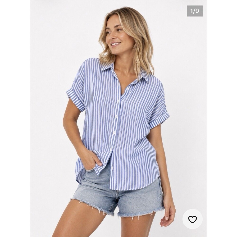 Beach Lunch Lounge XL Blouse Womens Top Blue White Stripe Short Sleeve Shirt